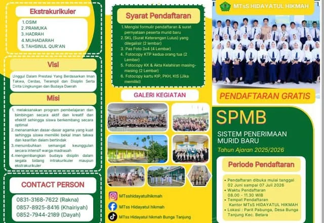 Pendaftaran Peserta Didik Baru (PPDB) MTsS Hidayatul Hikmah Telah Dibuka